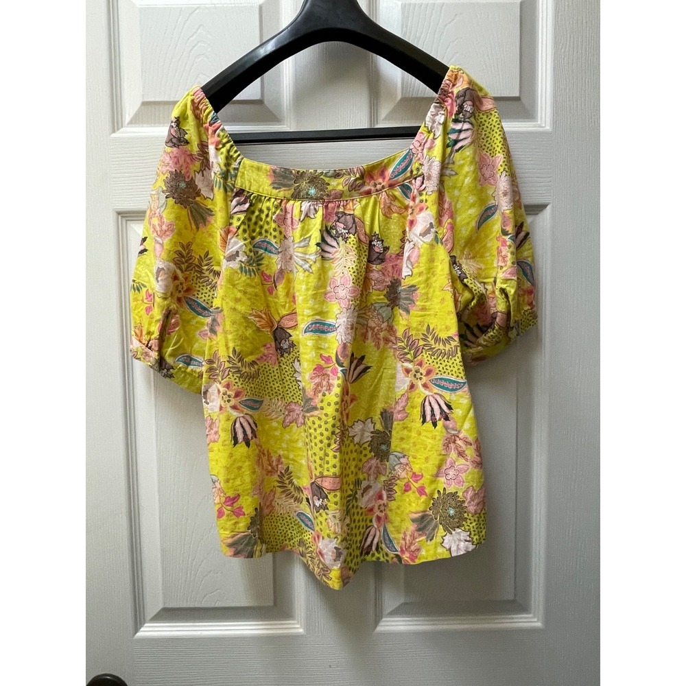 Loft Women's Medium Top Yellow Floral Linen Blend Knit Square Neck Blouse‎ - Picture 5 of 14